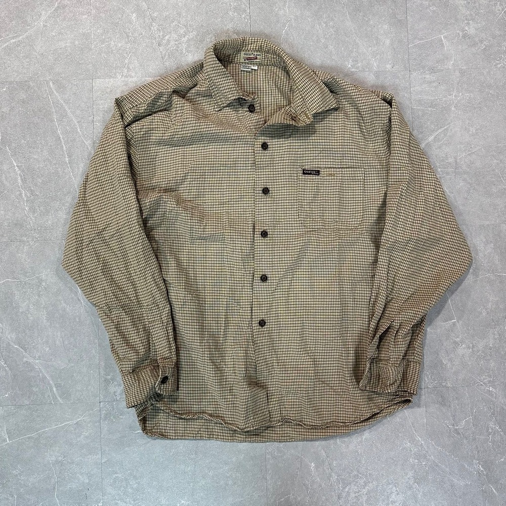 Vintage Guess Jeans Mens Large Brown Tan Micro Check Button Down Shirt L/S